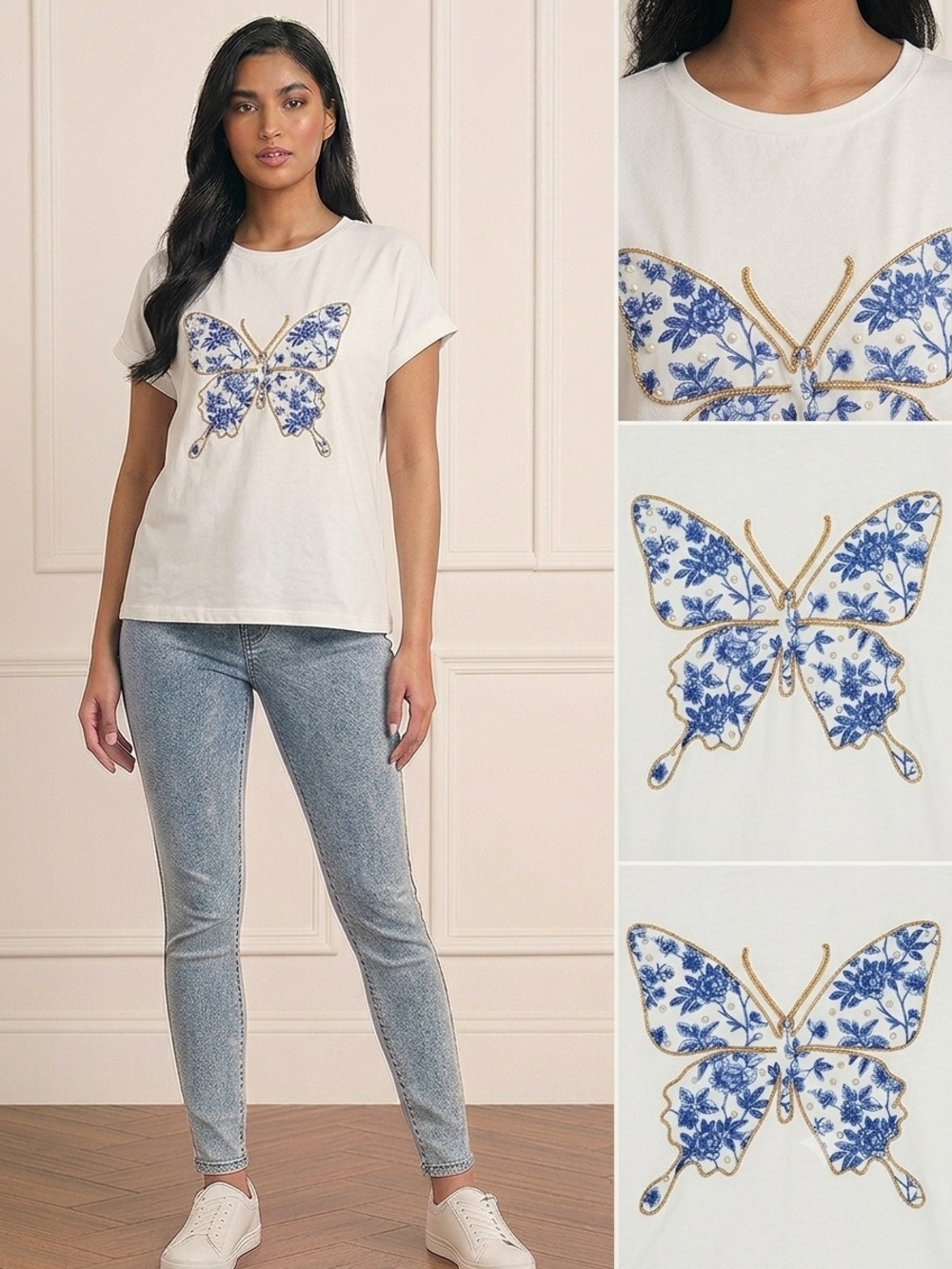 Ann Taylor Cream Tee with Blue Floral Butterfly